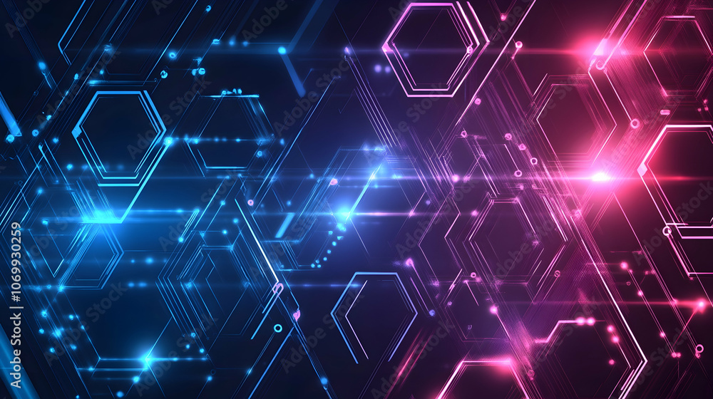 Abstract digital background with glowing hexagons and lines in blue and pink colors. Abstract digital background with glowing hexagons and lines in blue and pink colors.