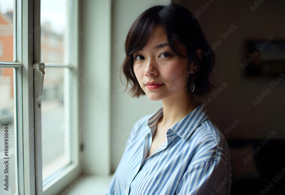 Female businesswoman wearing shirt looking outside of the window Female businesswoman wearing shirt looking outside of the window