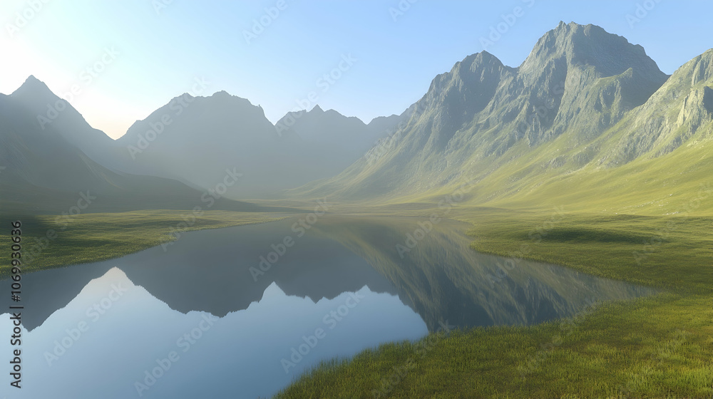 Serene mountain lake reflecting the majestic peaks on a clear morning. Serene mountain lake reflecting the majestic peaks on a clear morning.