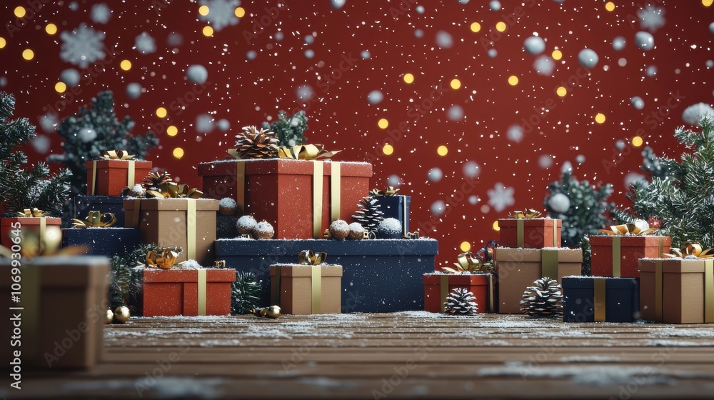 Celebrate the joy of the holiday season with festive gift displays against a striking red background Celebrate the joy of the holiday season with festive gift displays against a striking red background