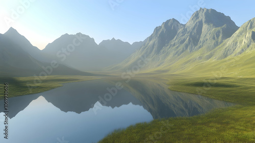 Serene mountain lake reflecting the majestic peaks on a clear morning.