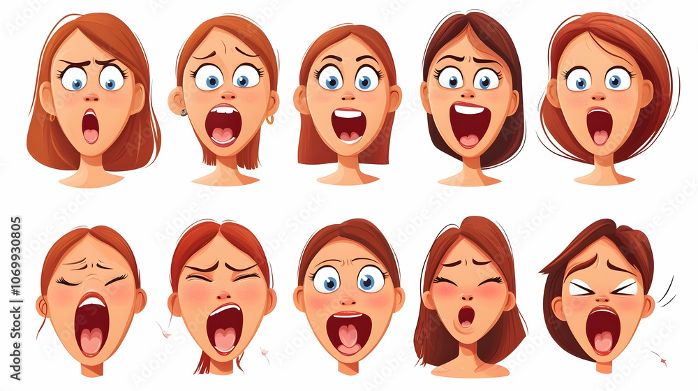 Set of cartoon female faces with different surprised and shocked expressions. Set of cartoon female faces with different surprised and shocked expressions.