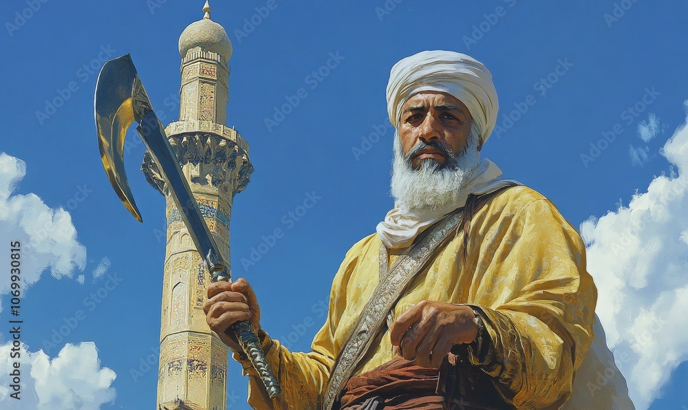 Obraz premium Man with a beard holding a large axe.