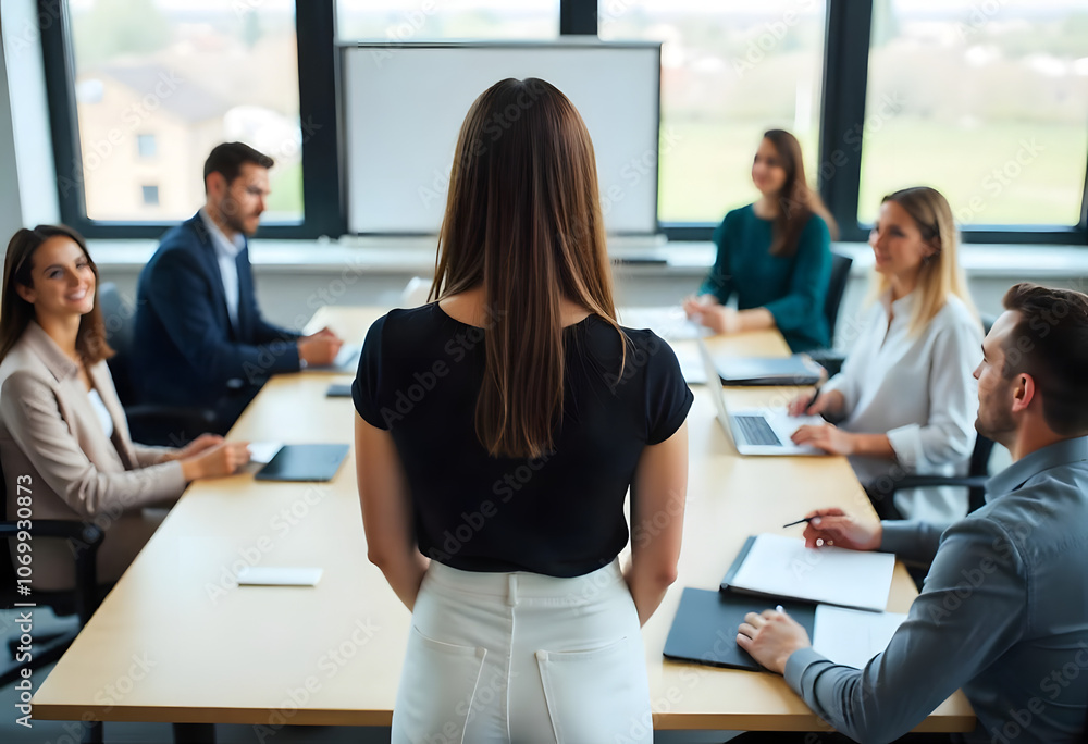 Young beautiful woman leader in her late 20s with long brunette hair wearing business casual black blouse and white pants in an office meeting in front of a team, turned back to camera Young beautiful woman leader in her late 20s with long brunette hair wearing business casual black blouse and white pants in an office meeting in front of a team, turned back to camera