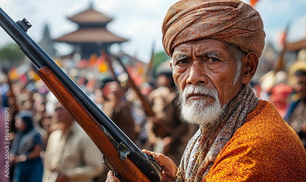An elderly man with a turban holds a gun. An elderly man with a turban holds a gun.