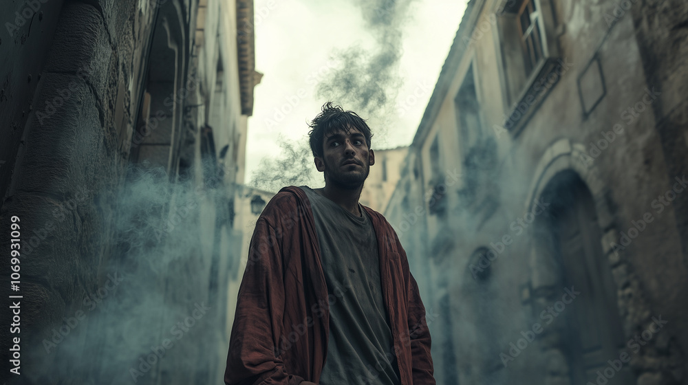 Naklejka premium Ubogi hiszpański mężczyzna stoi w obliczu wyzwań w średniowiecznym otoczeniu, emanując odwagą i zapałem do zmiany. 