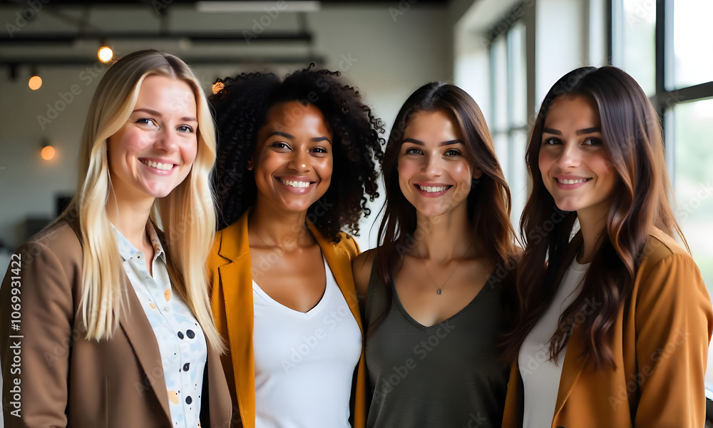 Group of four female colleagues in the office at work in business casual attire looking in the camera and smiling Group of four female colleagues in the office at work in business casual attire looking in the camera and smiling