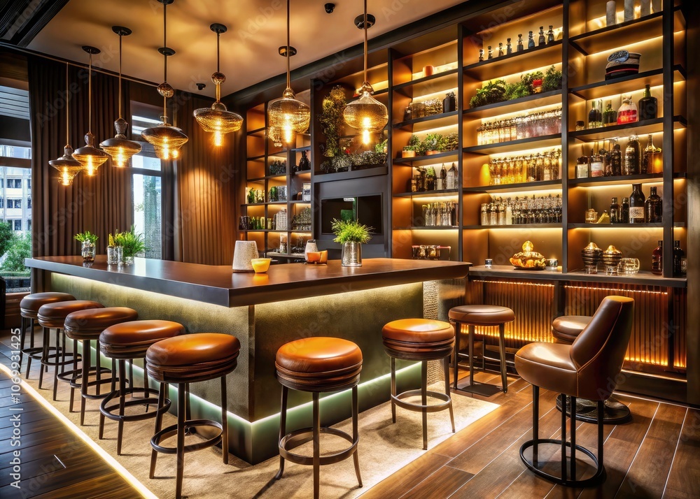 Stylish Modern Bar Interior Featuring Brown Leather Stools and Backlit Shelving, Perfect for Contemporary Dining and Nightlife Ambiance, Elegant Design Elements for Hospitality Settings Stylish Modern Bar Interior Featuring Brown Leather Stools and Backlit Shelving, Perfect for Contemporary Dining and Nightlife Ambiance, Elegant Design Elements for Hospitality Settings