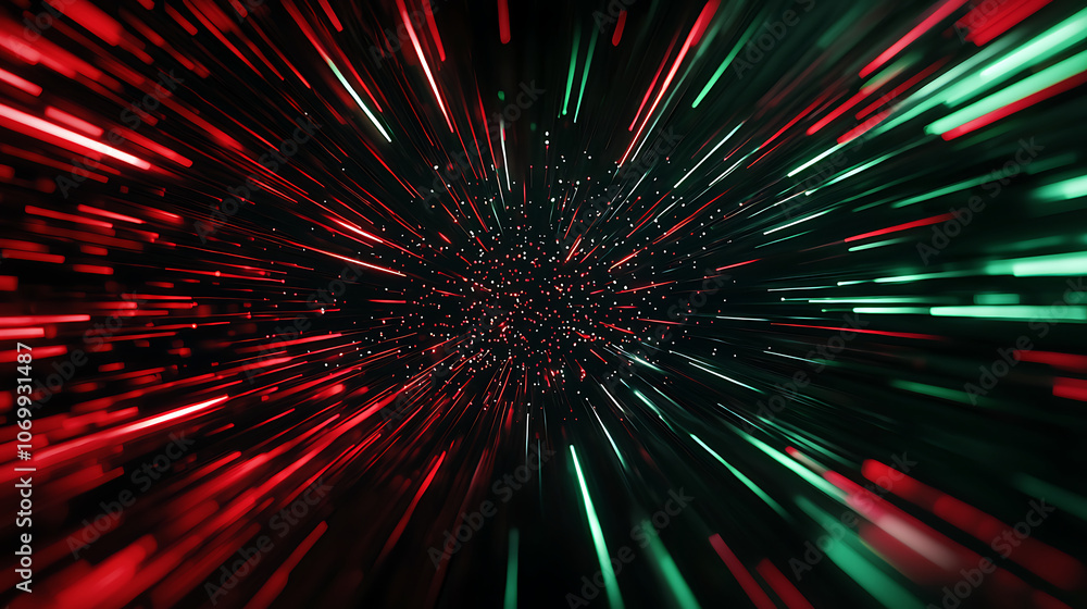 An abstract composition featuring vibrant red and green lines converging toward a central focal point on a dark backdrop, offering a bold and striking visual effect. An abstract composition featuring vibrant red and green lines converging toward a central focal point on a dark backdrop, offering a bold and striking visual effect.