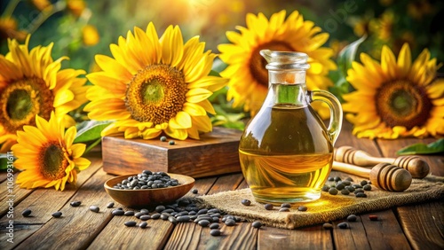 Sunflower Oil, Fresh Sunflowers, and Seeds: A Vibrant Still Life Composition for Cooking, Health Benefits, and Natural Ingredients in Culinary Arts