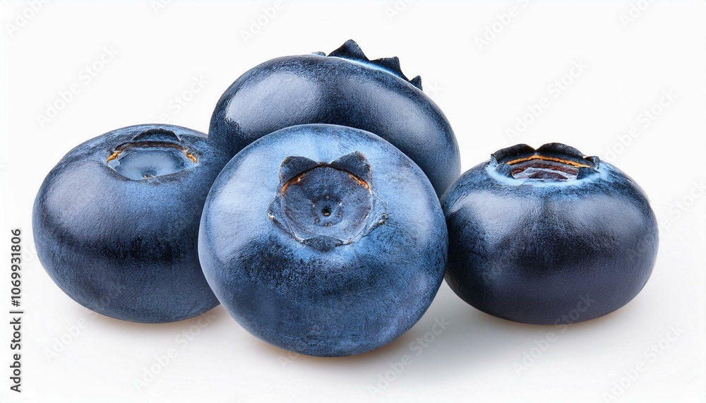 A plump, juicy blueberry with a slight bloom on an isolated white background. A plump, juicy blueberry with a slight bloom on an isolated white background.