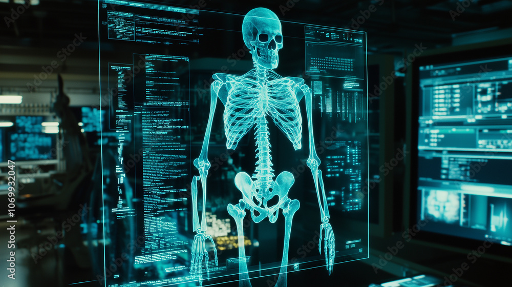 Hologram szkieletu, który stoi przed komputerowym ekranem, podkreślając znaczenie technologii w naukach medycznych. Hologram szkieletu, który stoi przed komputerowym ekranem, podkreślając znaczenie technologii w naukach medycznych.