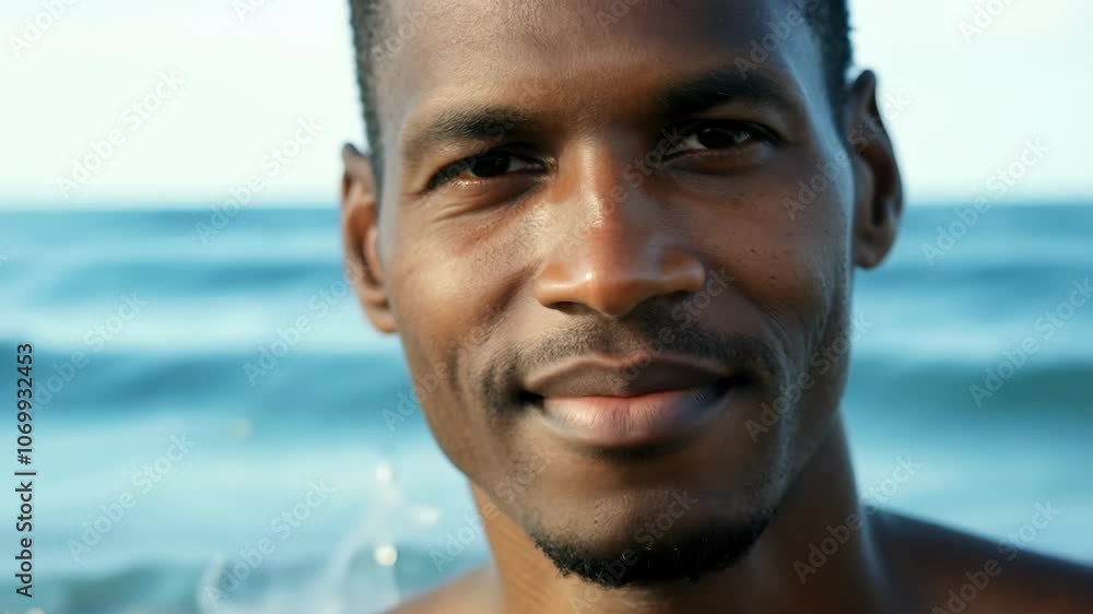 Gentle ocean waves behind smiling man on sunny beach day Gentle ocean waves behind smiling man on sunny beach day