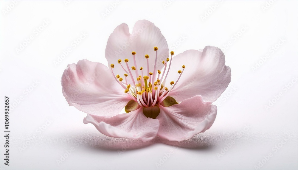 A single blooming cherry blossom flower on an isolated white background. A single blooming cherry blossom flower on an isolated white background.