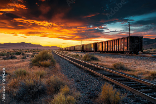 A freight train on desert tracks under a vibrant sunset sky, with golden clouds and rugged mountains in the background.