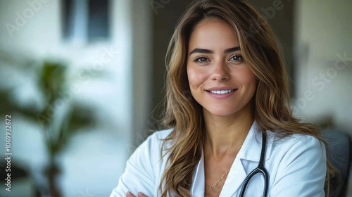 a sucessful female doctor in her late sitting in her office smiling and pointing to her right side