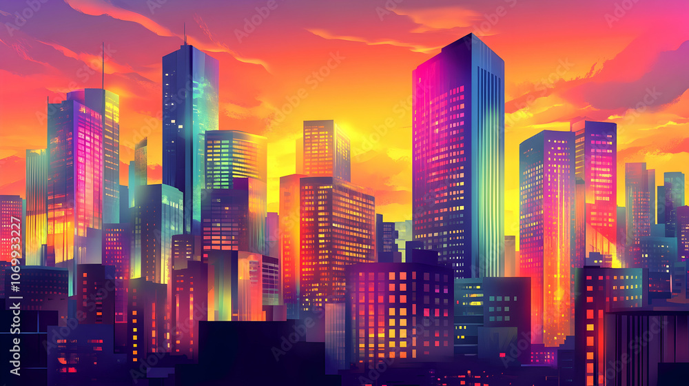 Fototapeta premium Vibrant cityscape skyline at sunset with colorful buildings and a glowing sky.