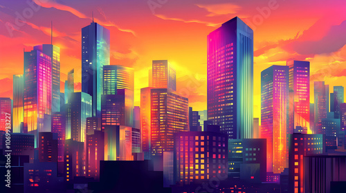Wallpaper Mural Vibrant cityscape skyline at sunset with colorful buildings and a glowing sky. Torontodigital.ca