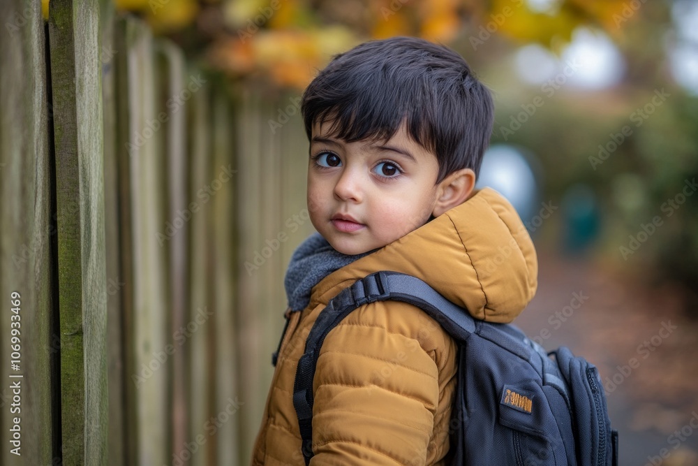 A young child stands beside a wooden fence. His curious gaze captures innocence and wonder. The autumn setting enhances the warm colors around him. Generative AI A young child stands beside a wooden fence. His curious gaze captures innocence and wonder. The autumn setting enhances the warm colors around him. Generative AI