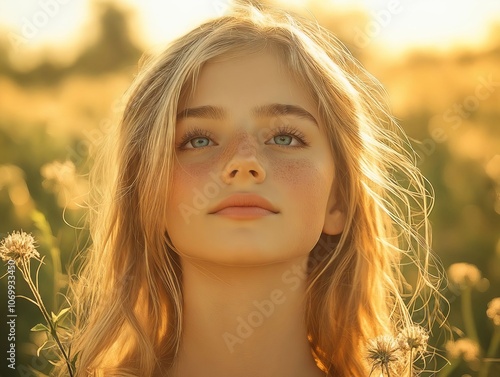 A young girl with long blonde hair and blue eyes in a field of flowers