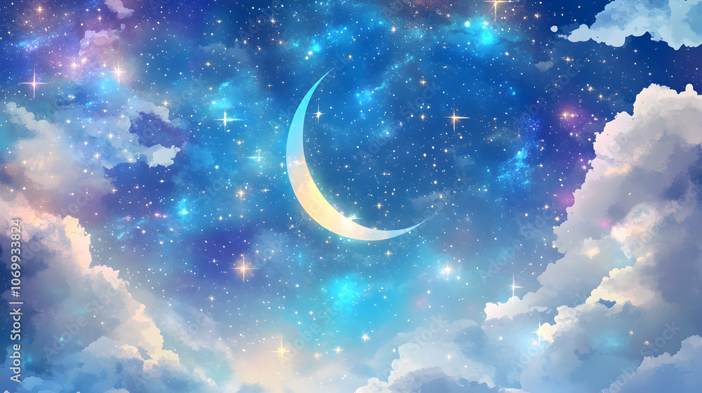 Obraz premium A crescent moon shines in a night sky filled with clouds and stars.