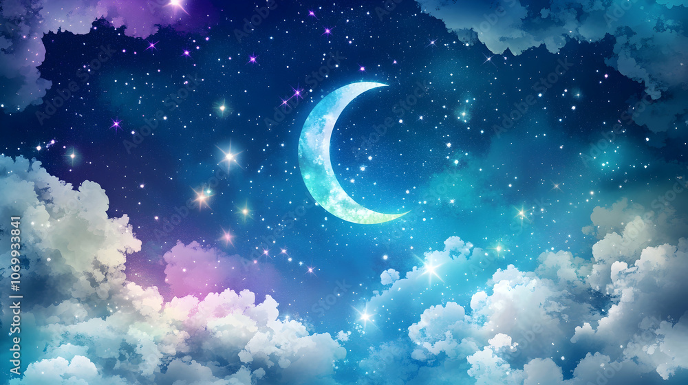 A crescent moon shines brightly in the night sky, surrounded by clouds and a myriad of stars. A crescent moon shines brightly in the night sky, surrounded by clouds and a myriad of stars.