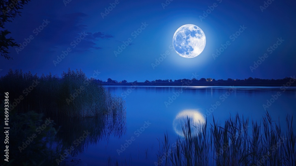 A full moon illuminates a still lake at night with tall grasses in the foreground. A full moon illuminates a still lake at night with tall grasses in the foreground.