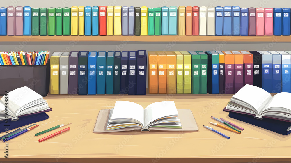 A desk with two open books and colored pencils in front of bookshelves filled with colorful books. A desk with two open books and colored pencils in front of bookshelves filled with colorful books.
