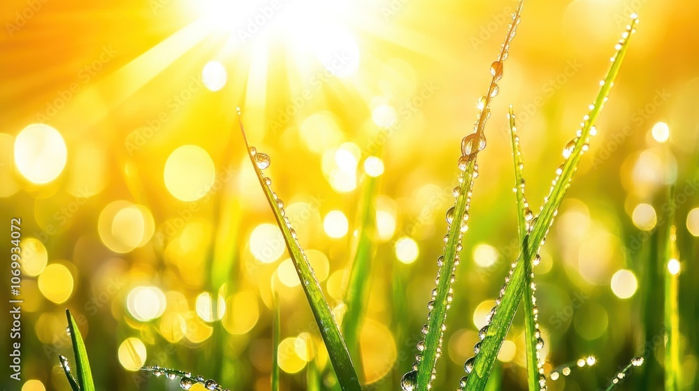 Obraz premium Dew drops sparkle on green grass blades bathed in warm sunlight.