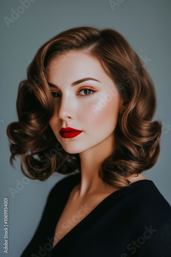 A woman with a red lipstick on her lips