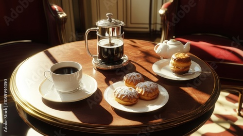 A coffee pot, a cup of coffee, a teapot, and pastries on a table.