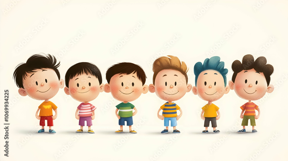 Six happy cartoon boys standing in a row, smiling, looking at the camera. Six happy cartoon boys standing in a row, smiling, looking at the camera.