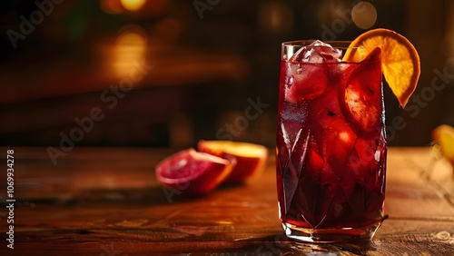 Cold Refreshing Invigorating Fruity Red Sangria in a Glass with Ice: Soulful Drink for Fun Meetings