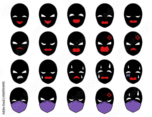 黒いシルエットの悪人の顔のアイコンセット