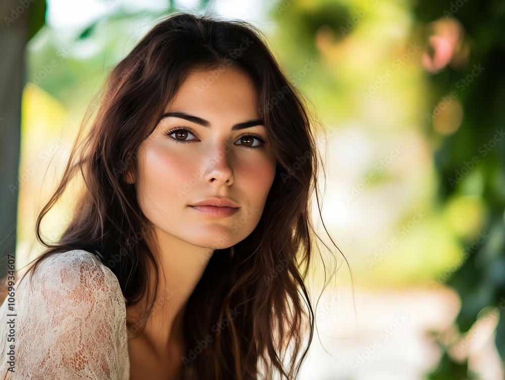 Fototapeta premium A woman with long brown hair is posing for a picture
