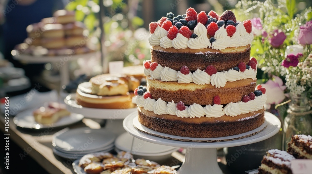 A three-tiered cake with whipped cream and berries sits on a white stand at a dessert table. A three-tiered cake with whipped cream and berries sits on a white stand at a dessert table.