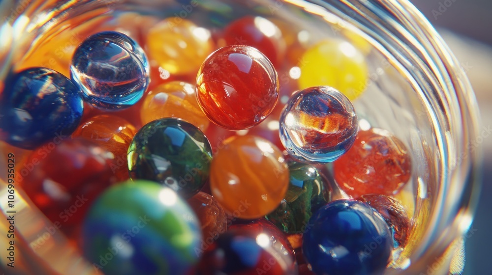 A close-up shot of a glass jar filled with colorful marbles. A close-up shot of a glass jar filled with colorful marbles.