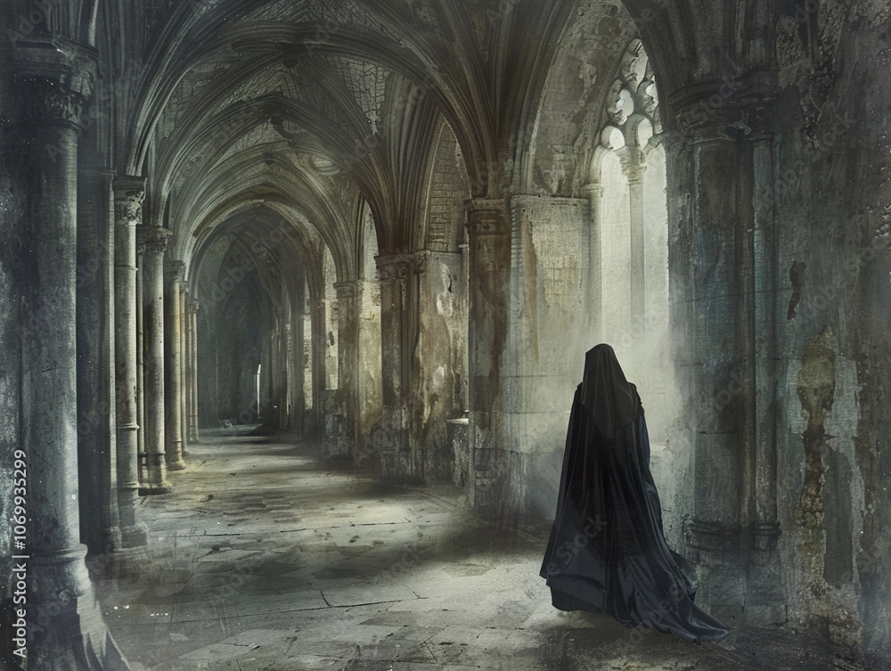 A Mysterious Figure Walks Through a Dark and Ancient Hallway A Mysterious Figure Walks Through a Dark and Ancient Hallway