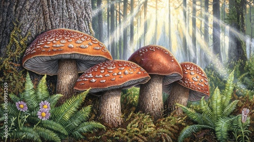 Bolet mushrooms thrive beneath a large tree in a serene, dappled light forest setting