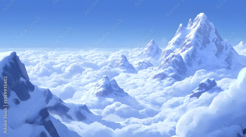 Obraz premium Snow-capped mountains rise above a sea of white clouds under a clear blue sky.