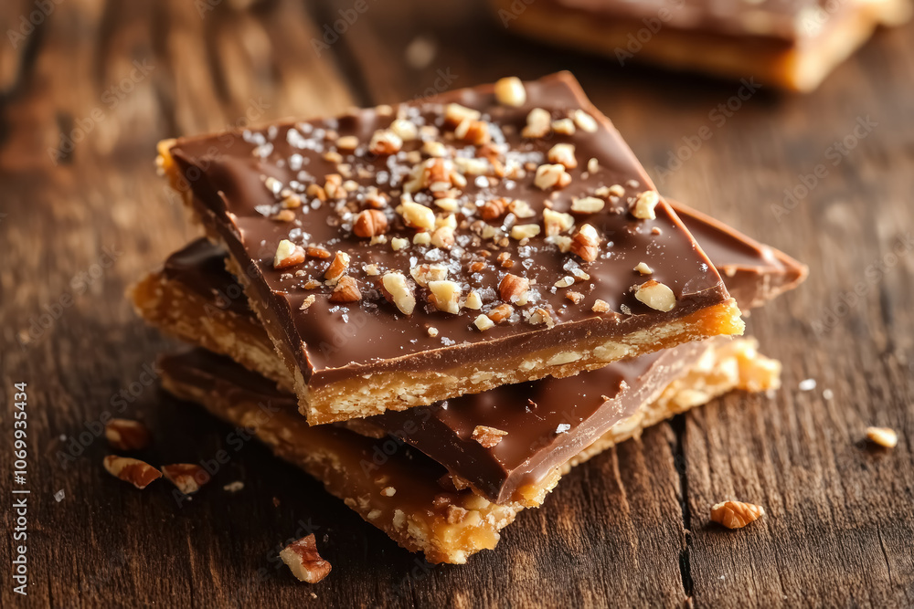 salted toffee chocolate bars with nuts on rustic wooden table salted toffee chocolate bars with nuts on rustic wooden table