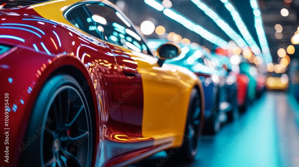 A stunning view of a sleek sports car with vibrant colors in a modern automotive showroom. The atmosphere hints at excitement and speed. Generative AI A stunning view of a sleek sports car with vibrant colors in a modern automotive showroom. The atmosphere hints at excitement and speed. Generative AI