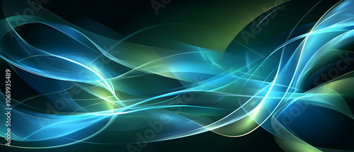 Abstract background with flowing light blue and green waves on a dark background.