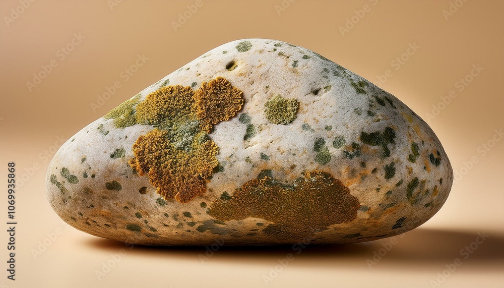 A smooth river rock with natural lichen spots isolated against a light tan background. A smooth river rock with natural lichen spots isolated against a light tan background.