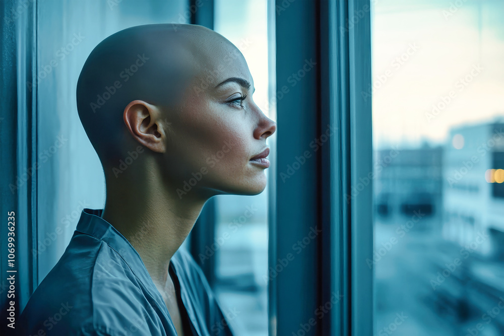 A woman with a bald head gazes out a hospital window, reflecting on her journey through cancer treatment during twilight hours A woman with a bald head gazes out a hospital window, reflecting on her journey through cancer treatment during twilight hours