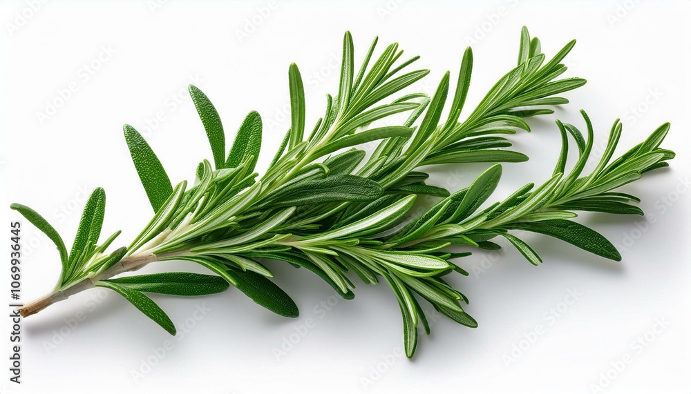 Fototapeta premium A sprig of rosemary with rich green leaves isolated on a white background.