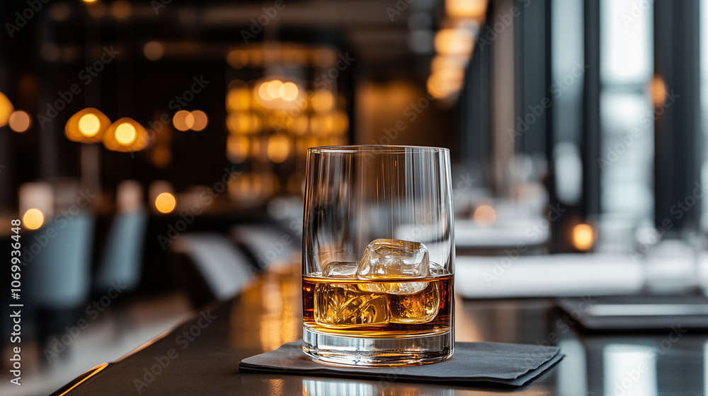 Whiskey on the Rocks in a Stylish Modern Bar Whiskey on the Rocks in a Stylish Modern Bar