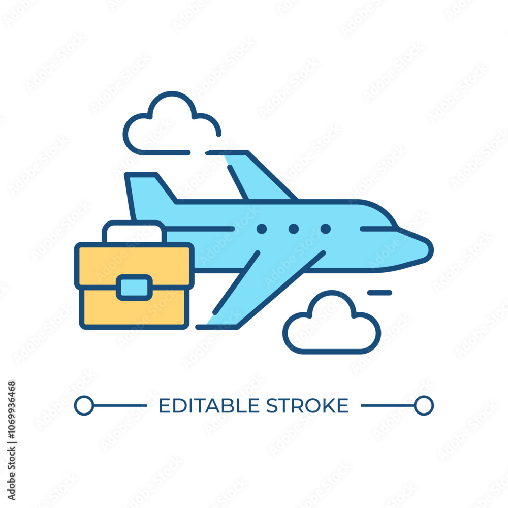 Business jet RGB color icon. Commercial flight, business. Airplane management, aircraft. Transportation, travelling. Isolated vector illustration. Simple filled line drawing. Editable stroke Business jet RGB color icon. Commercial flight, business. Airplane management, aircraft. Transportation, travelling. Isolated vector illustration. Simple filled line drawing. Editable stroke