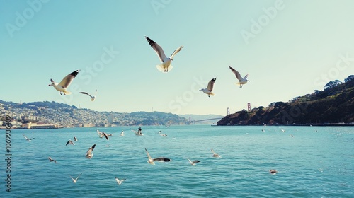 A serene waterfront scene with seagulls flying above a calm bay.