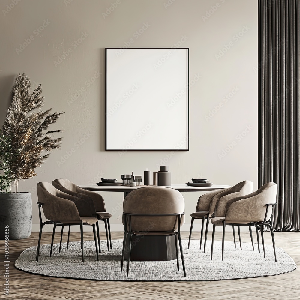minimalist mockup of an empty, blank poster frame on the wall in a dining room interior with a modern table and chairs minimalist mockup of an empty, blank poster frame on the wall in a dining room interior with a modern table and chairs